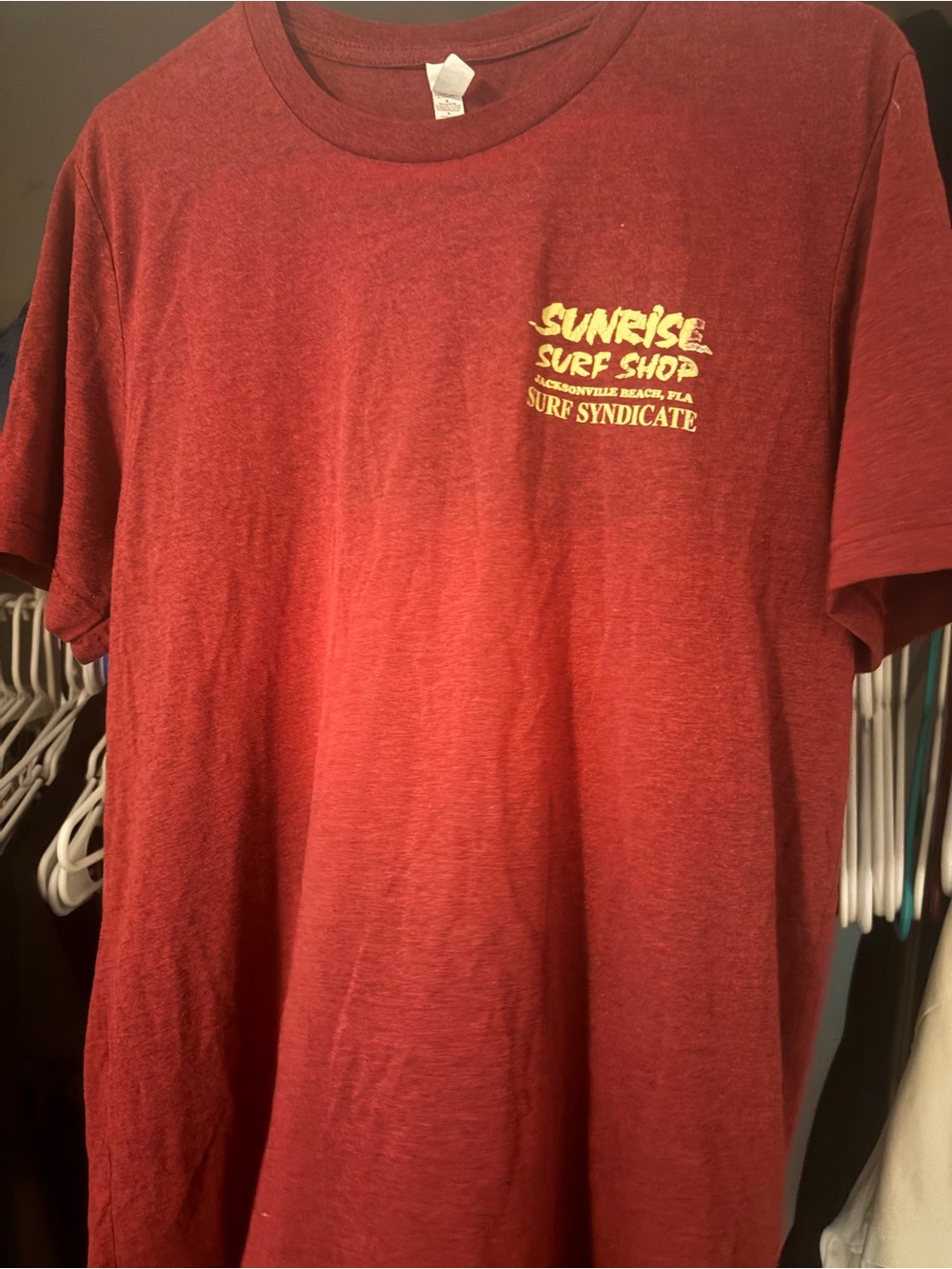 Sunrise Surf Shop Jax beach t shirt - maroon color